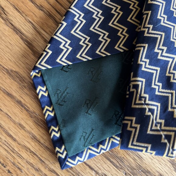 Lauren RALPH LAUREN Men’s Silk Tie  Navy Blue/Gold Uneven Stripe Design Made USA - Picture 6 of 6